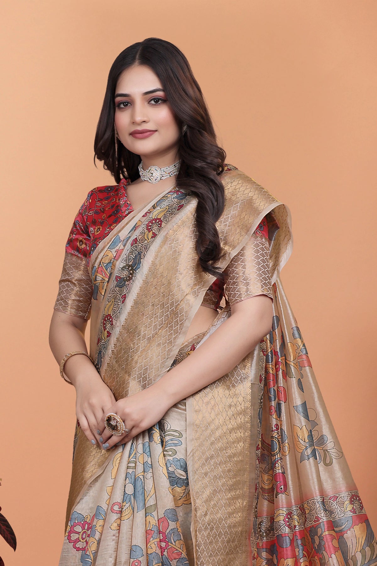 Beige Zari Weaving Saree upper body close-up Premium Crystal – Kalyanja KS361