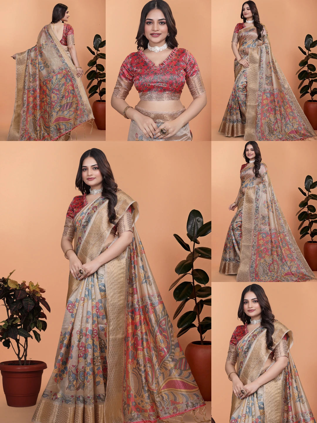 Beige Zari Weaving Saree collage – Kalyanja KS361