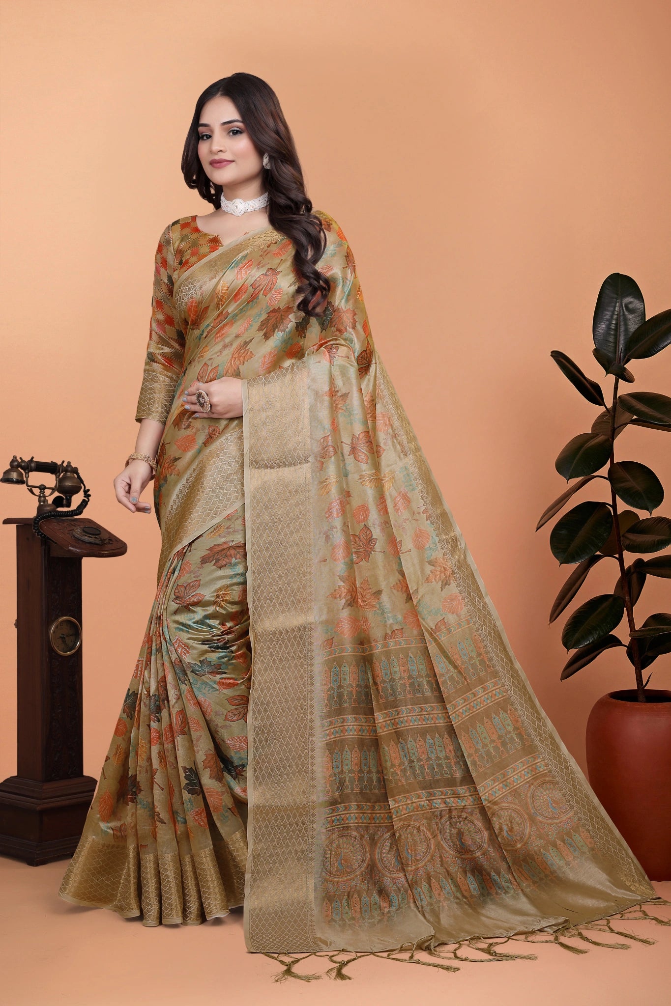 Beige Zari Weaving Saree Front Drape View Kalyanja KS382