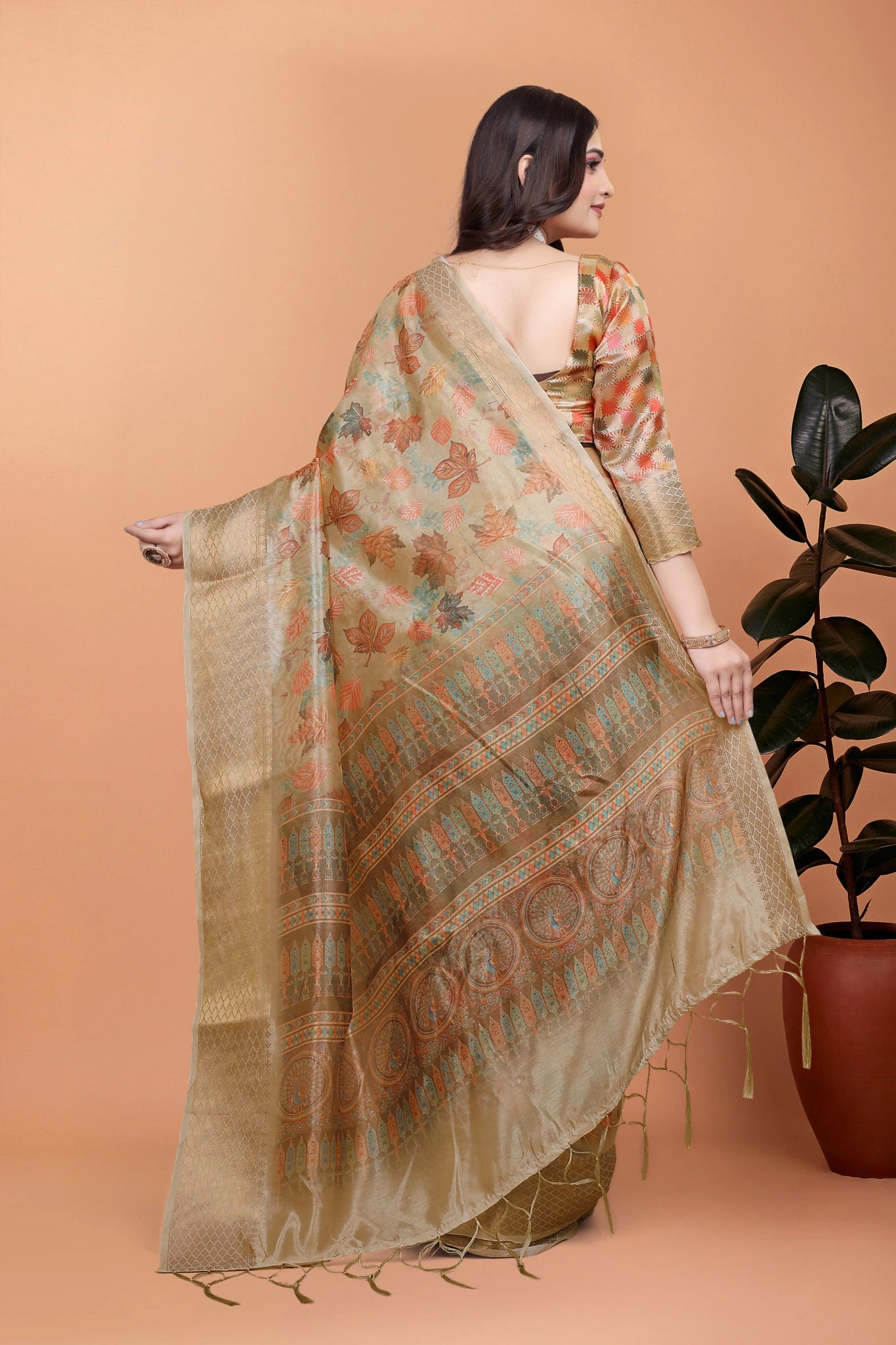 Beige Zari Weaving Saree Back View with Same Tone Pallu Kalyanja KS382