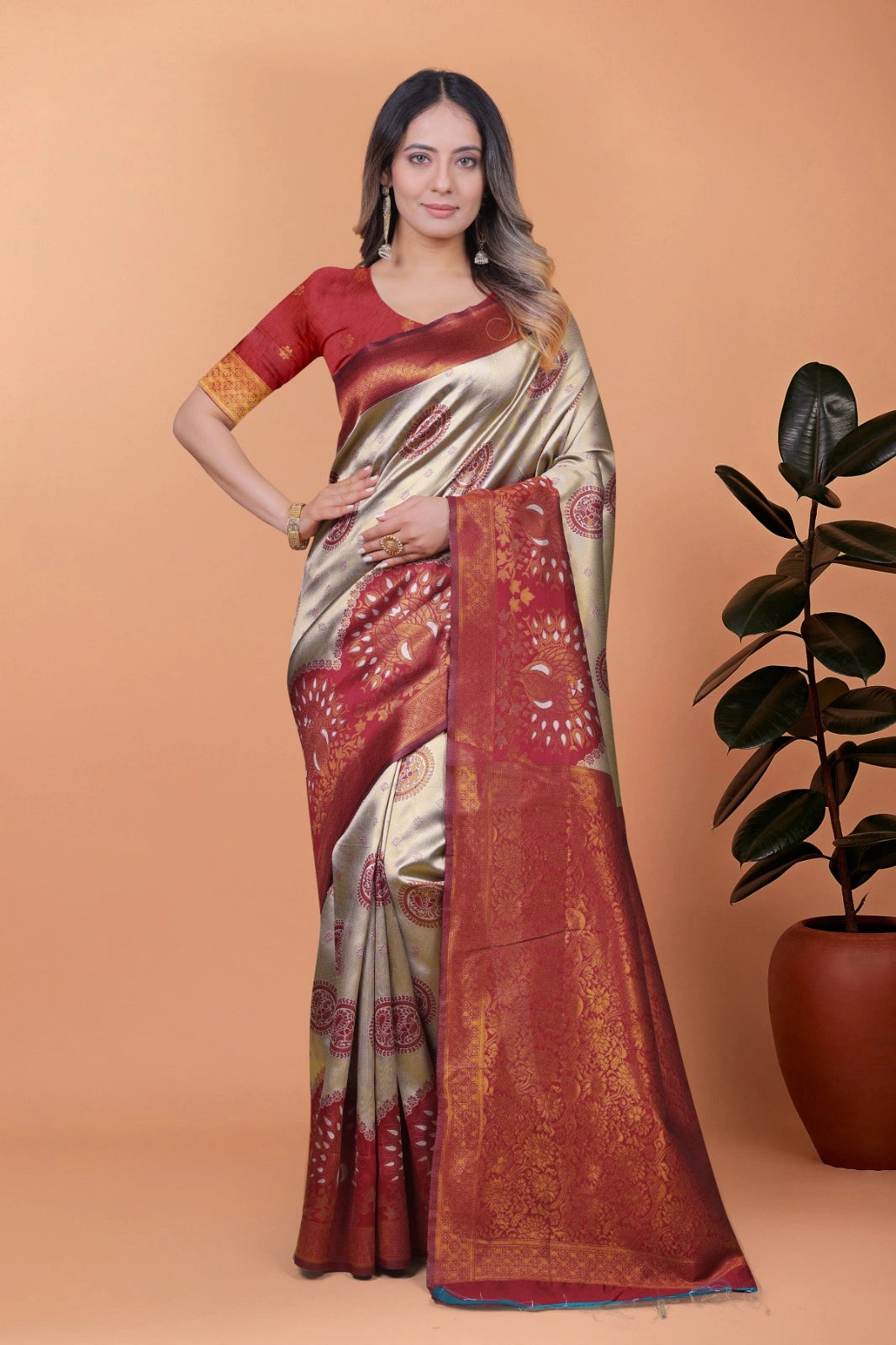 Beige Zari Weaving Saree – Banarasi Jacquard Blend front view – KS396