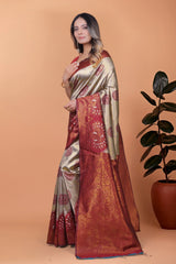 Beige Zari Weaving Saree – side view – KS396