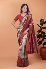 Beige Zari Weaving Saree – 3/4 view – KS396