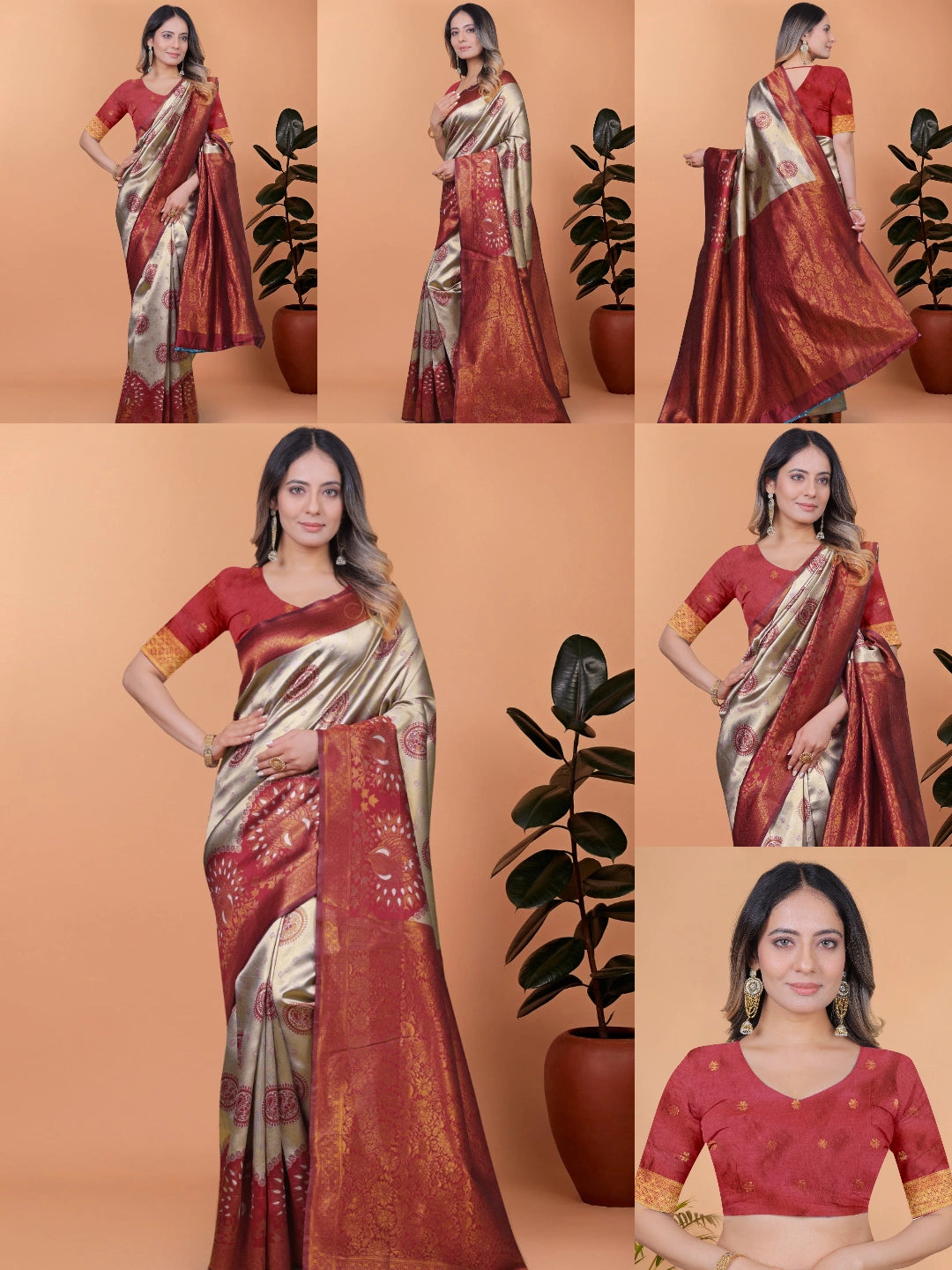 Beige Zari Weaving Saree – all angles – KS396