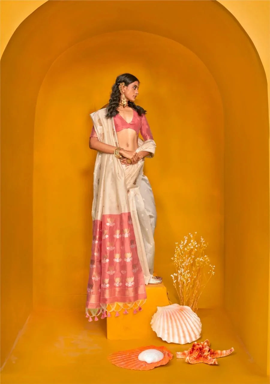 Beige Printed Tussar Silk Saree for Women