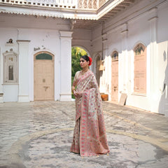 Beige Zari Work Soft Pashmina Silk Saree