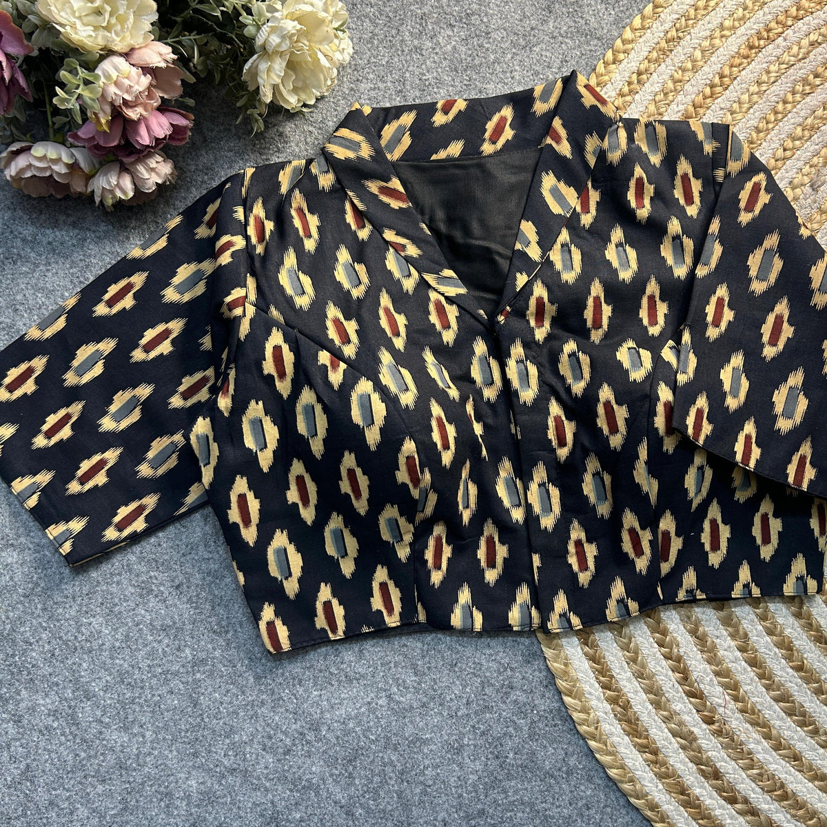 Black Ajrakh Print Cotton Blouse with intricate handcrafted patterns, ideal for cultural and festive occasions, blending tradition with elegance.