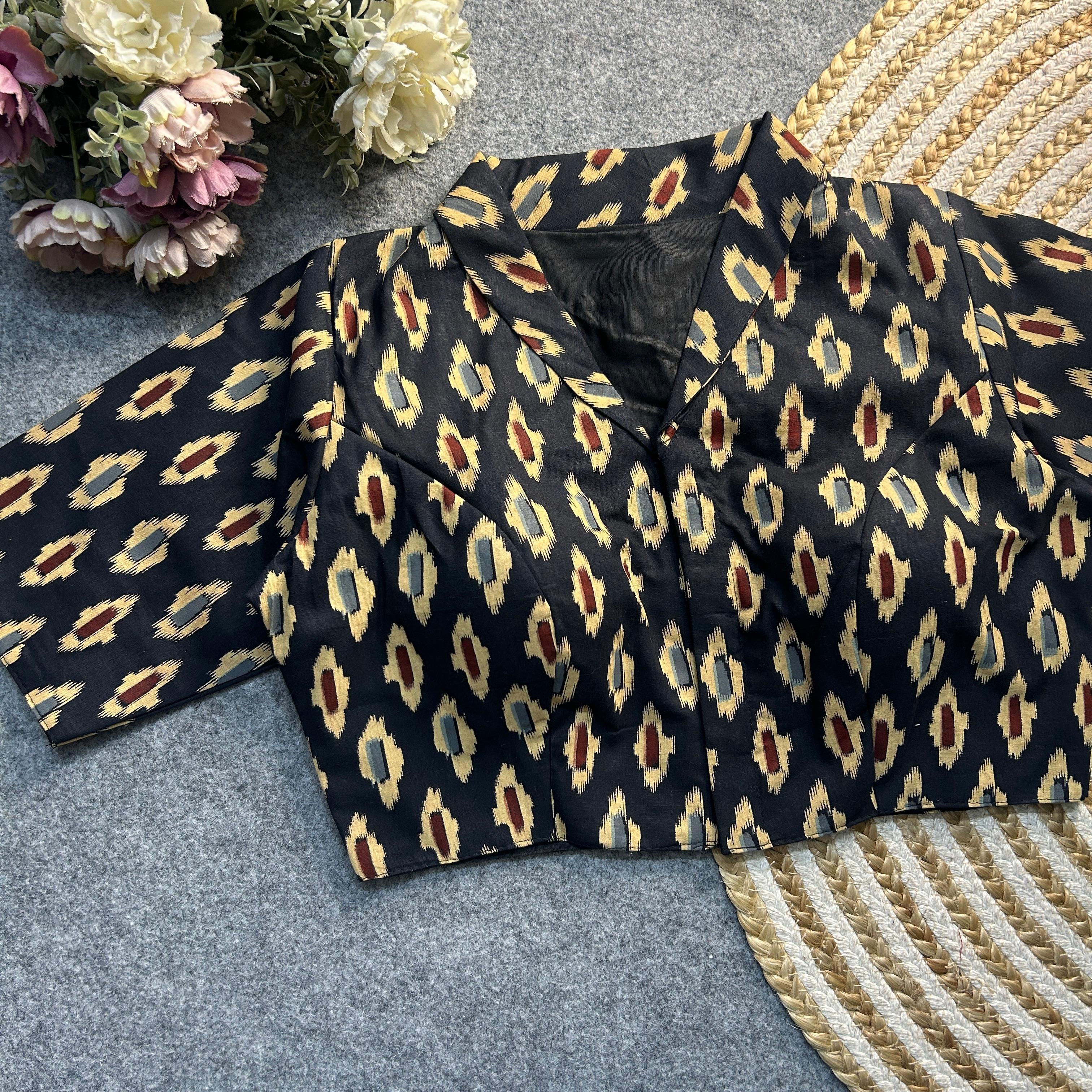 Black Ajrakh Print Cotton Blouse featuring intricate handcrafted patterns, blending tradition with elegance for a timeless fashion statement.