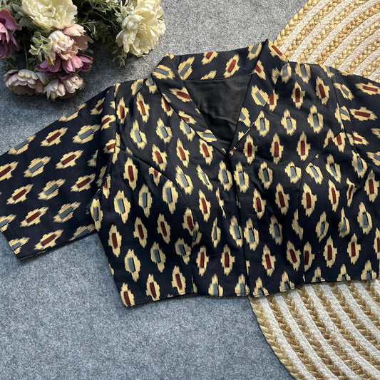 Black Ajrakh Print Cotton Blouse featuring intricate handcrafted patterns, blending tradition with elegance for a timeless fashion statement.
