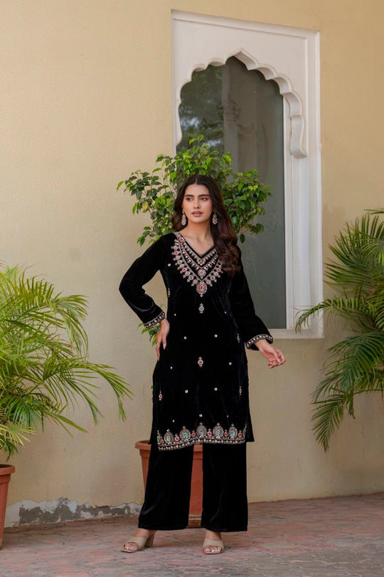 Black Beads with Handwork Suit – Velvet Palazzo Set with Dupatta