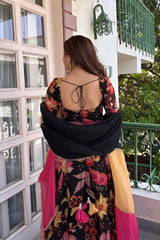 Black Digital Floral Print Anarkali Suit back view Deep Back Dori Tie-Up – Kalyanja KU291