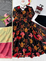 Black Floral Anarkali Suit flat lay full spread with dupatta panels – Kalyanja KU291