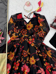 Black Digital Floral Print Anarkali Suit flat lay print detail – Kalyanja KU291