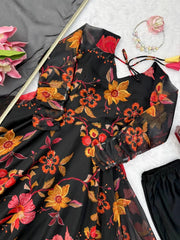 Black Floral Anarkali Suit flat lay close-up floral print detail – Kalyanja KU291