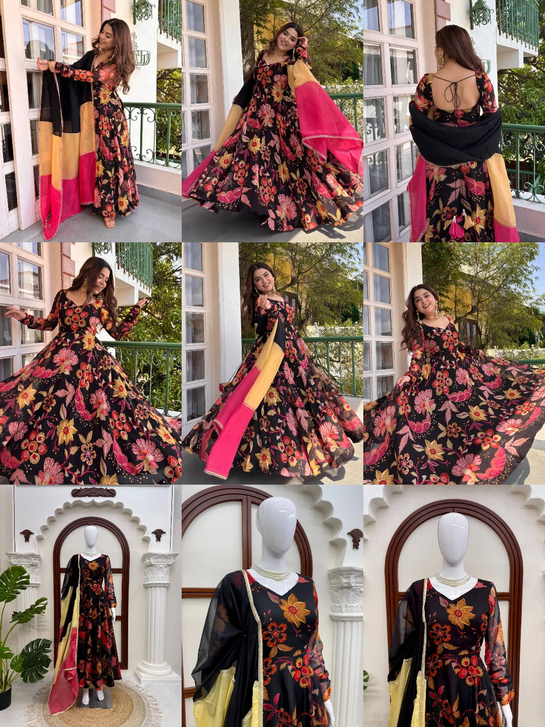 Black Digital Floral Print Anarkali Suit catalog collage – Kalyanja KU291