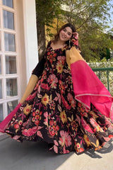Black Digital Floral Print Anarkali Suit front full-length model – Kalyanja KU291