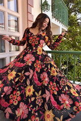 Black Digital Floral Print Anarkali Suit full flare twirl shot – Kalyanja KU291
