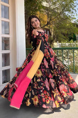 Black Floral Anarkali Suit side angle with Multi-Panel Dupatta – Kalyanja KU291