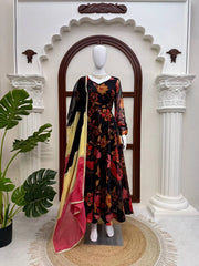 Black Floral Anarkali Suit mannequin full-length front with dupatta – Kalyanja KU291