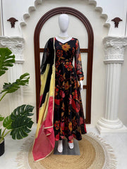 Black Digital Floral Print Anarkali Suit mannequin front alternative – Kalyanja KU291