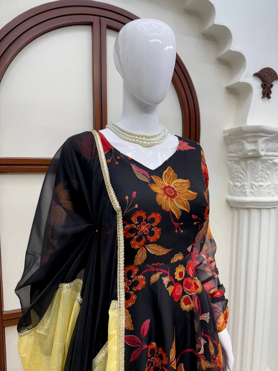 Black Floral Anarkali Suit mannequin close-up V-neck neckline detail – Kalyanja KU291