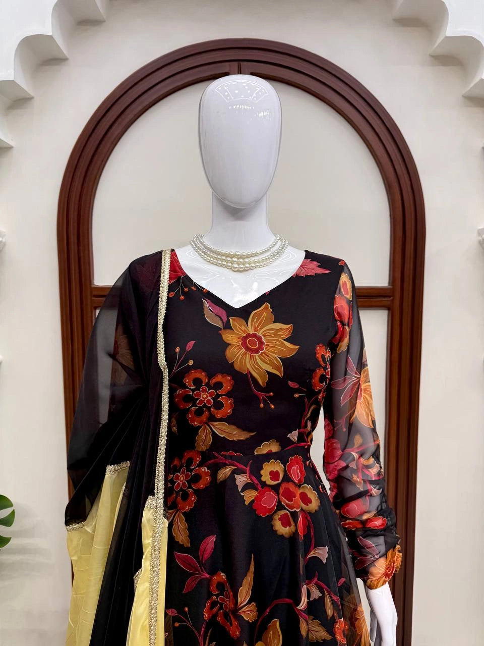 Black Floral Anarkali Suit mannequin with Color Block Dupatta close-up – Kalyanja KU291