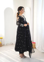Black Anarkali Suit Side View Sequins Booti Dupatta – KU246