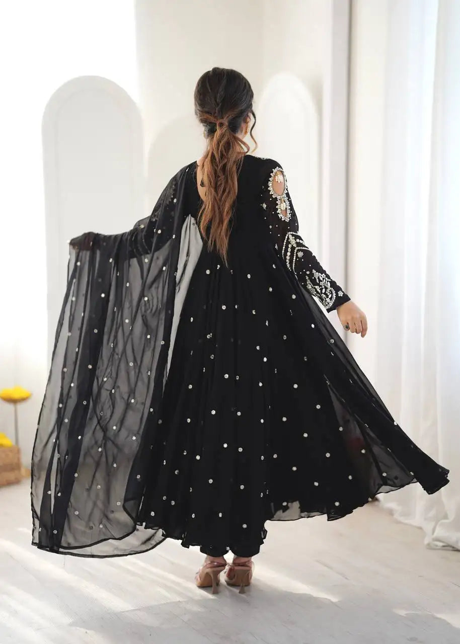 Black Suit Back View Open Dori Tie-Up Anarkali Flare – KU246