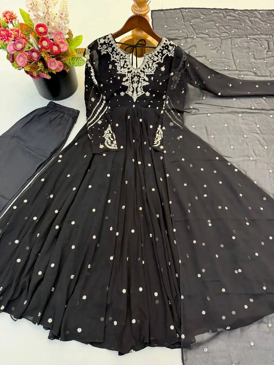 Black Suit Flat Lay All 3 Pieces Kurta Pant Dupatta – KU246