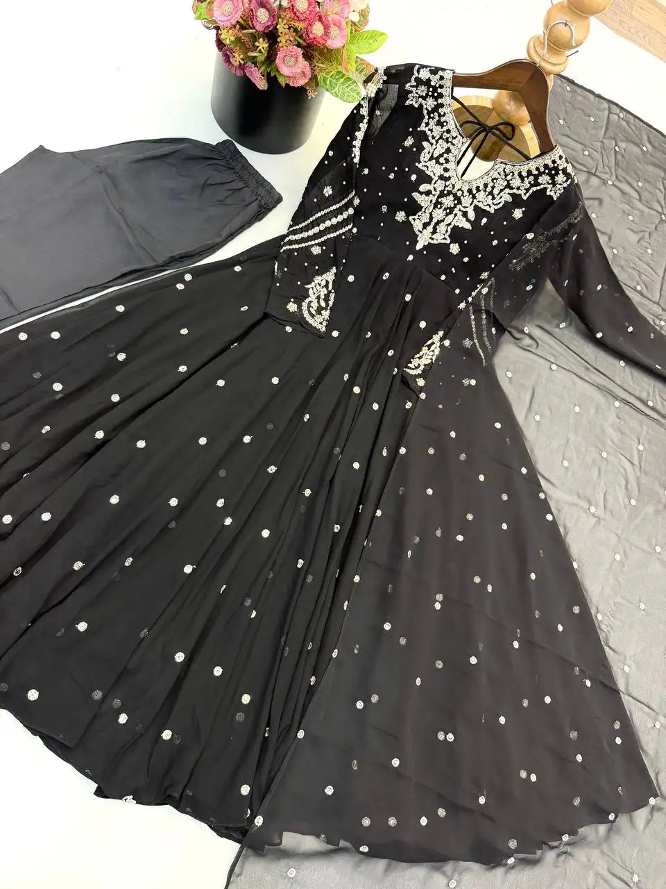 Black Faux Georgette Anarkali Suit Flat Lay Angle 2 – KU246