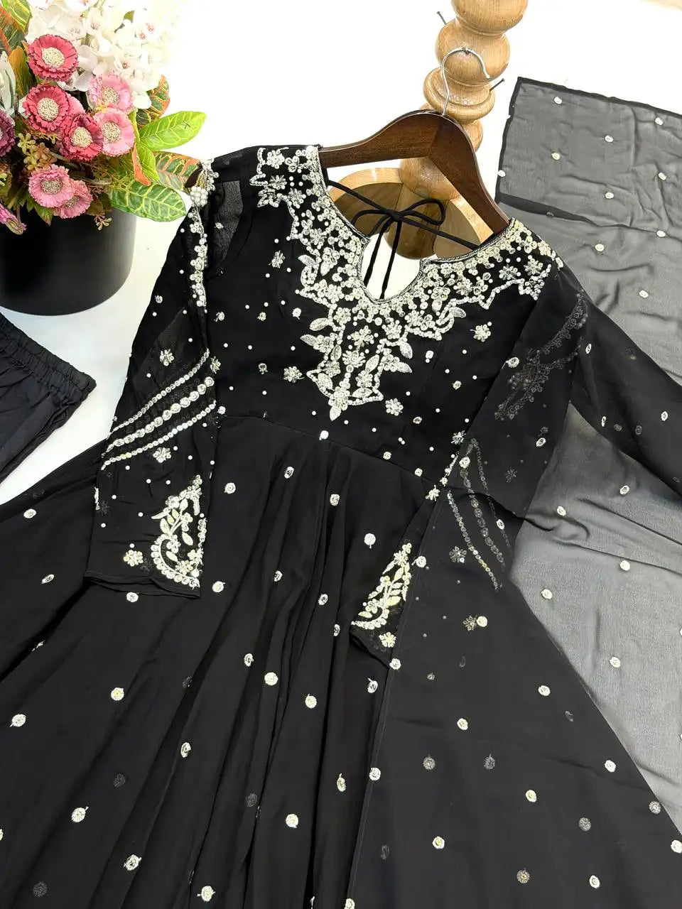 Black Suit Neckline Yoke Sequins Pearl Embroidery Close-Up Detail – KU246