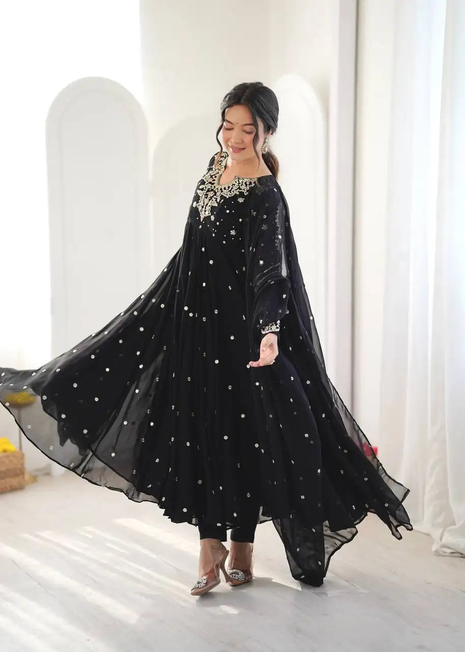Black Faux Georgette Anarkali Suit Full Front Dupatta Flaring – KU246