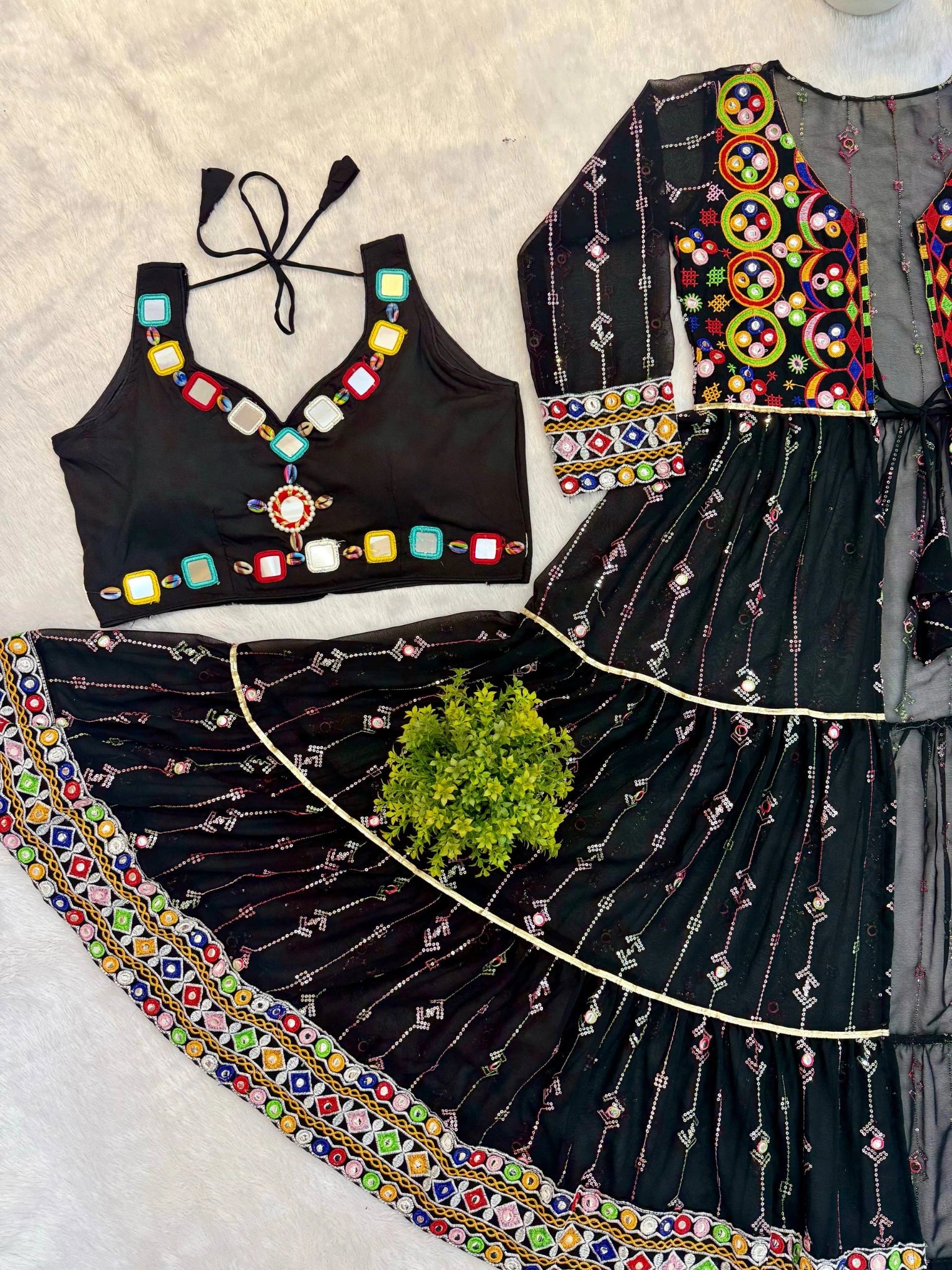 Black Embroidered Coord Set Blouse V-Neck Flat Lay Close KC24