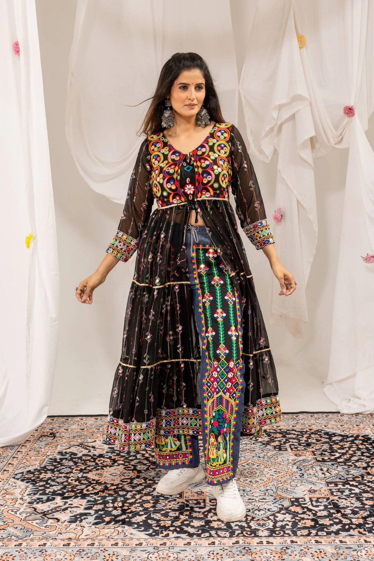 Black Embroidered Coord Set Mirror Work Shrug Full Front View KC24