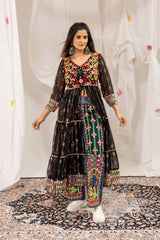 Black Embroidered Coord Set Mirror Work Shrug Full Front View KC24