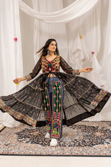 Black Embroidered Coord Set Mirror Work Shrug Twirl Action KC24