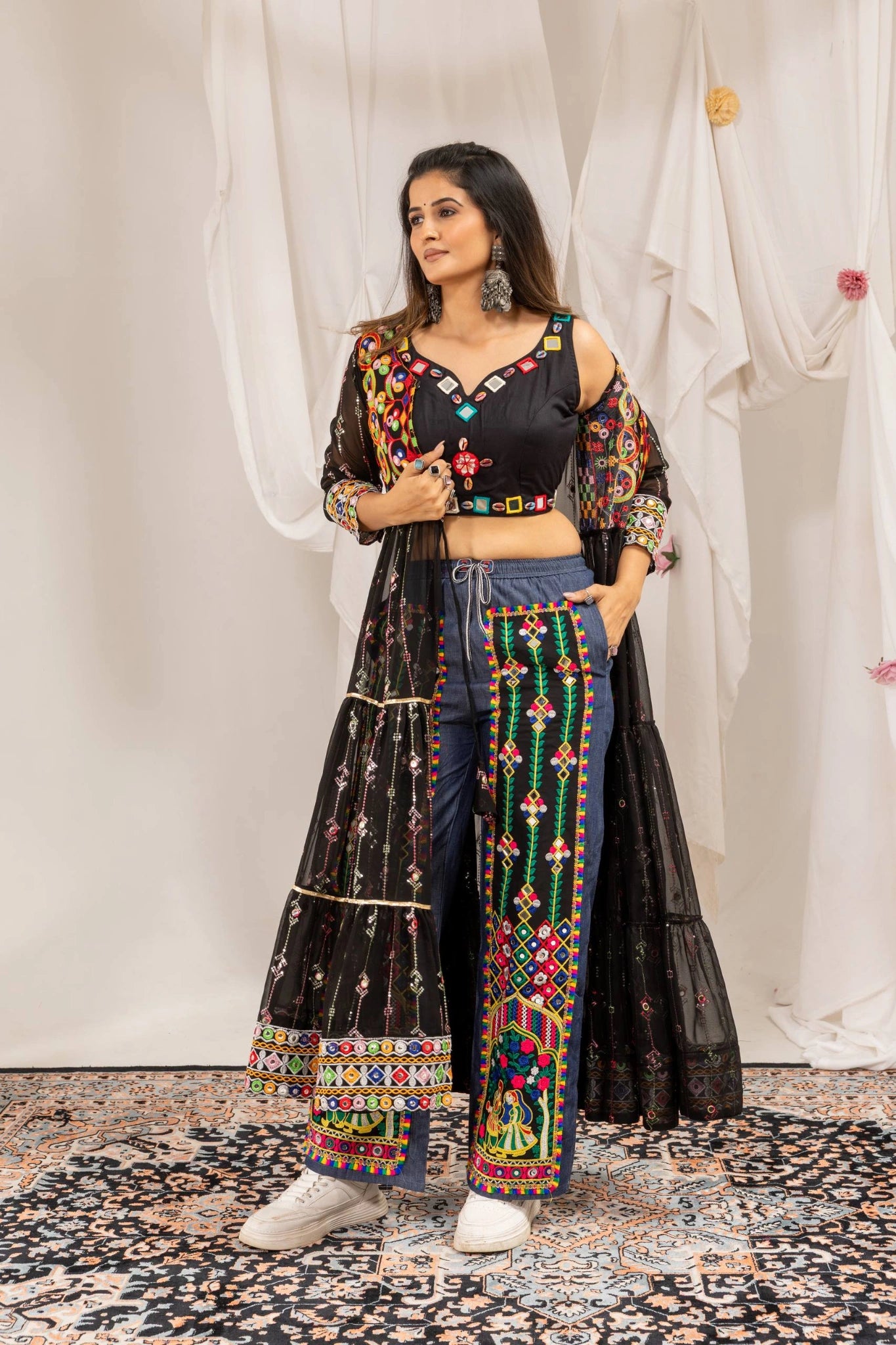 Black Embroidered Coord Set Mirror Work Blouse Front Side View KC24
