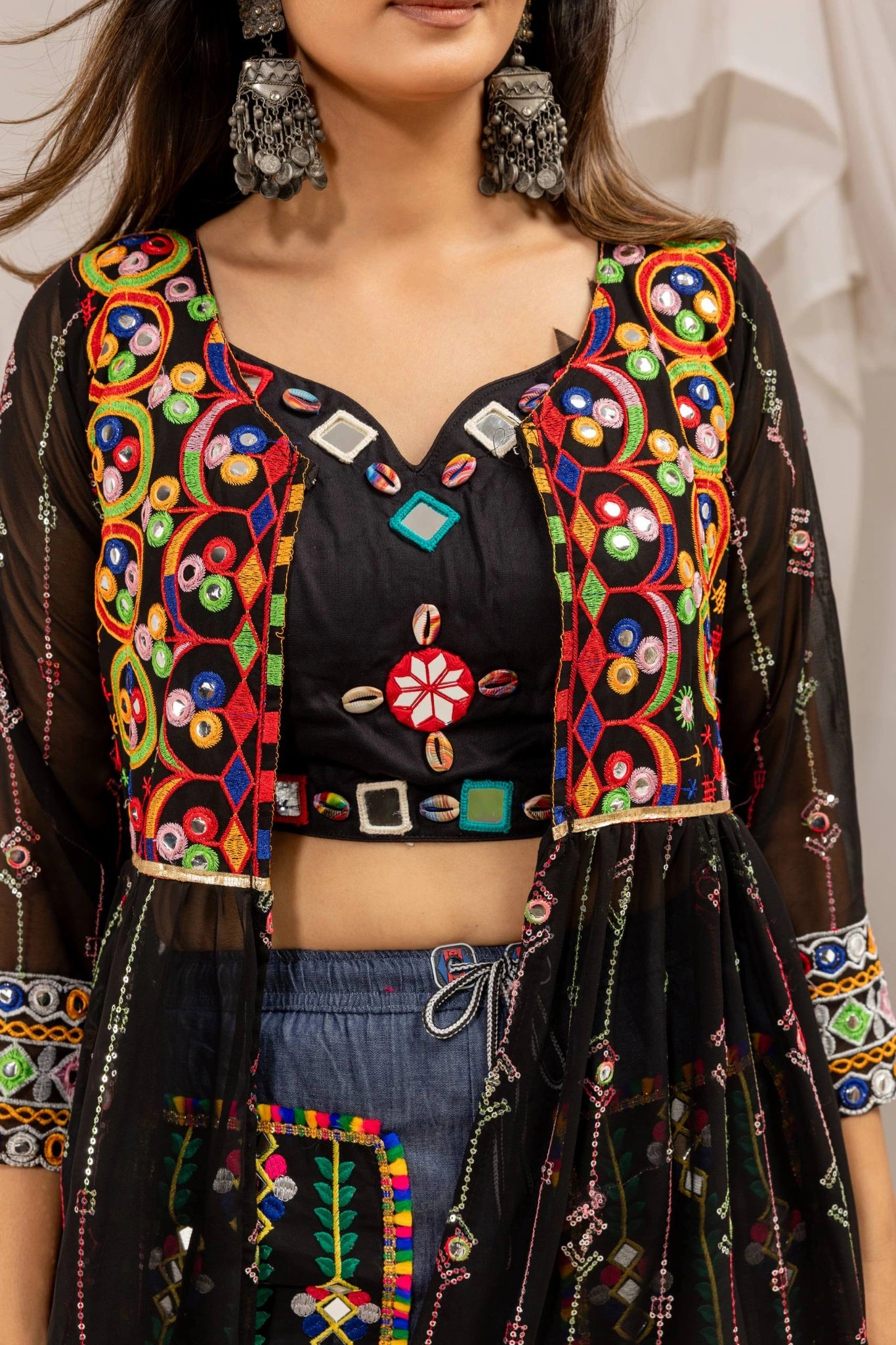 Black Embroidered Coord Set Mirror Work Chest Close-Up KC24