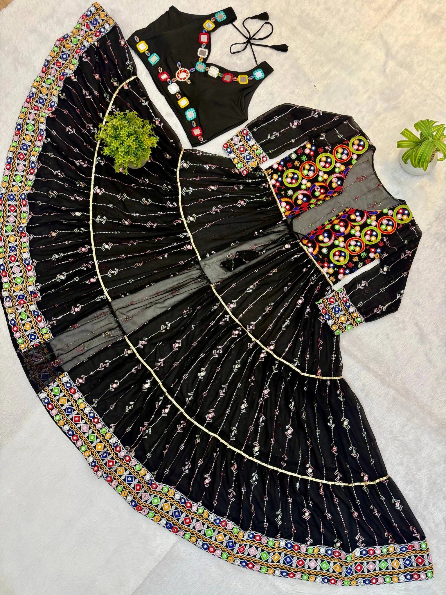 Black Embroidered Coord Set Shrug Flat Lay Mirror Work Detail KC24