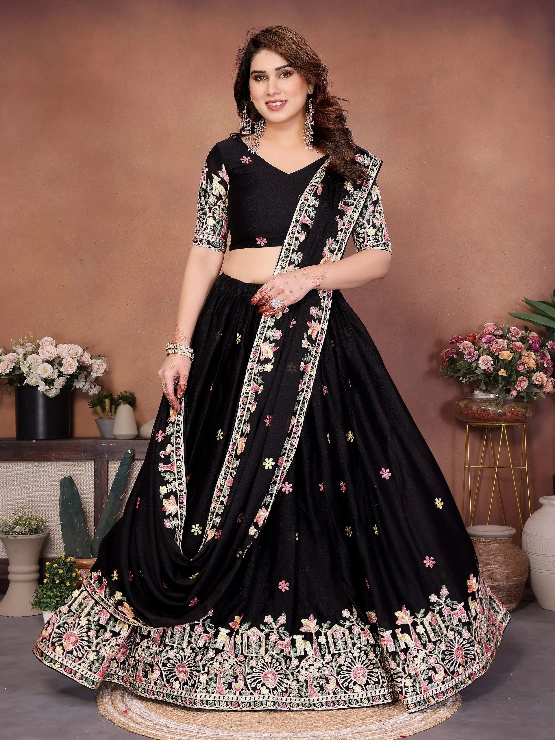 Black Embroidered Cut Work Lehenga front full view Pichwai folk border – Kalyanja KL171
