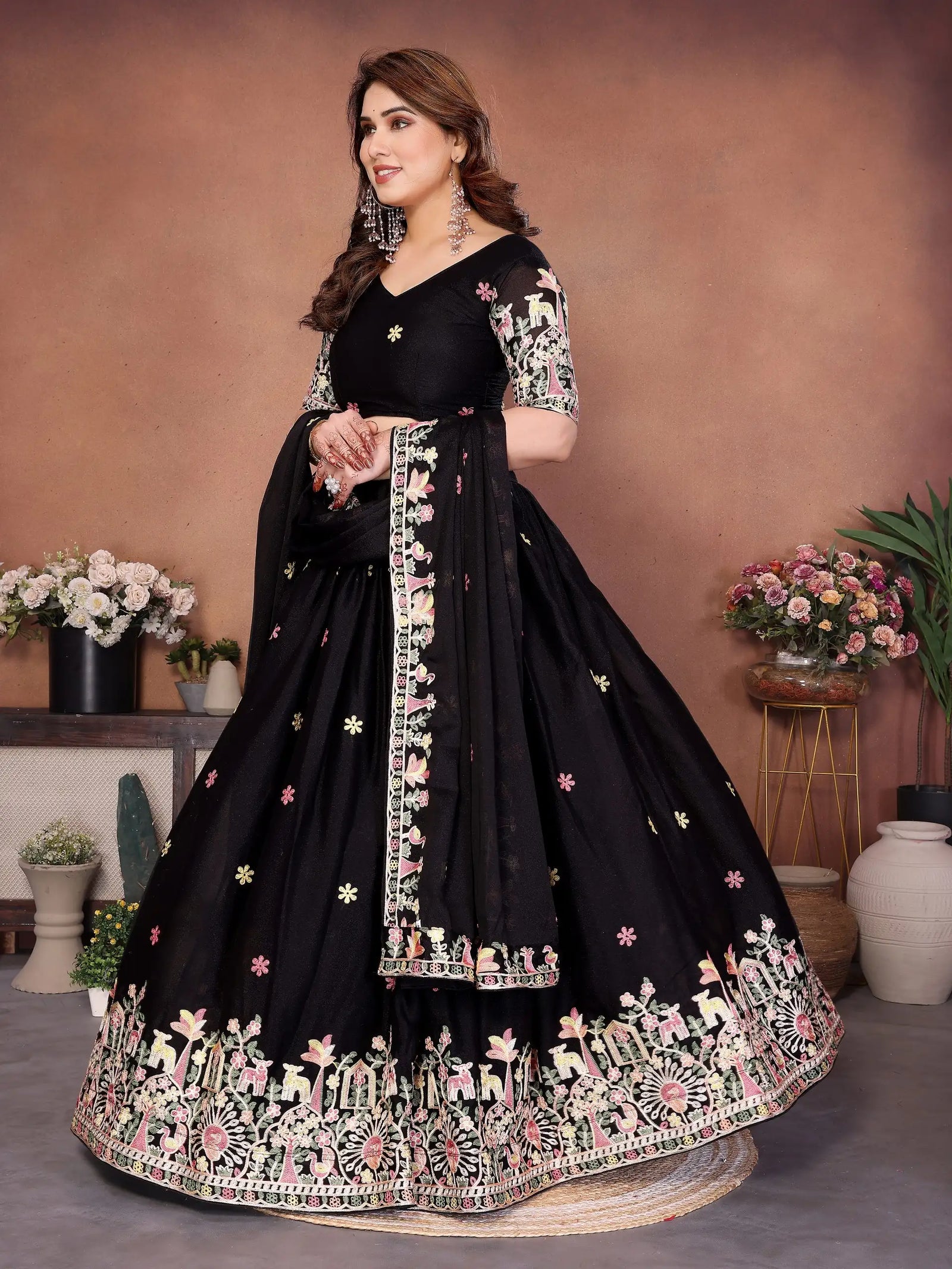 Black Lehenga Pichwai folk border detail peacock motif – Kalyanja KL171