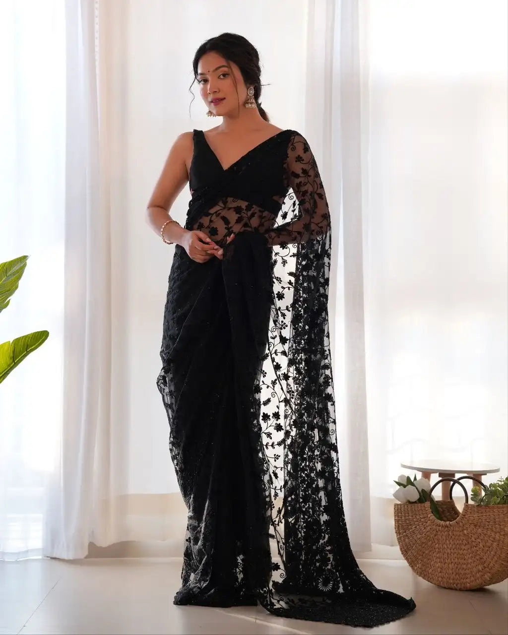 Black Embroidered Saree full front – KS379