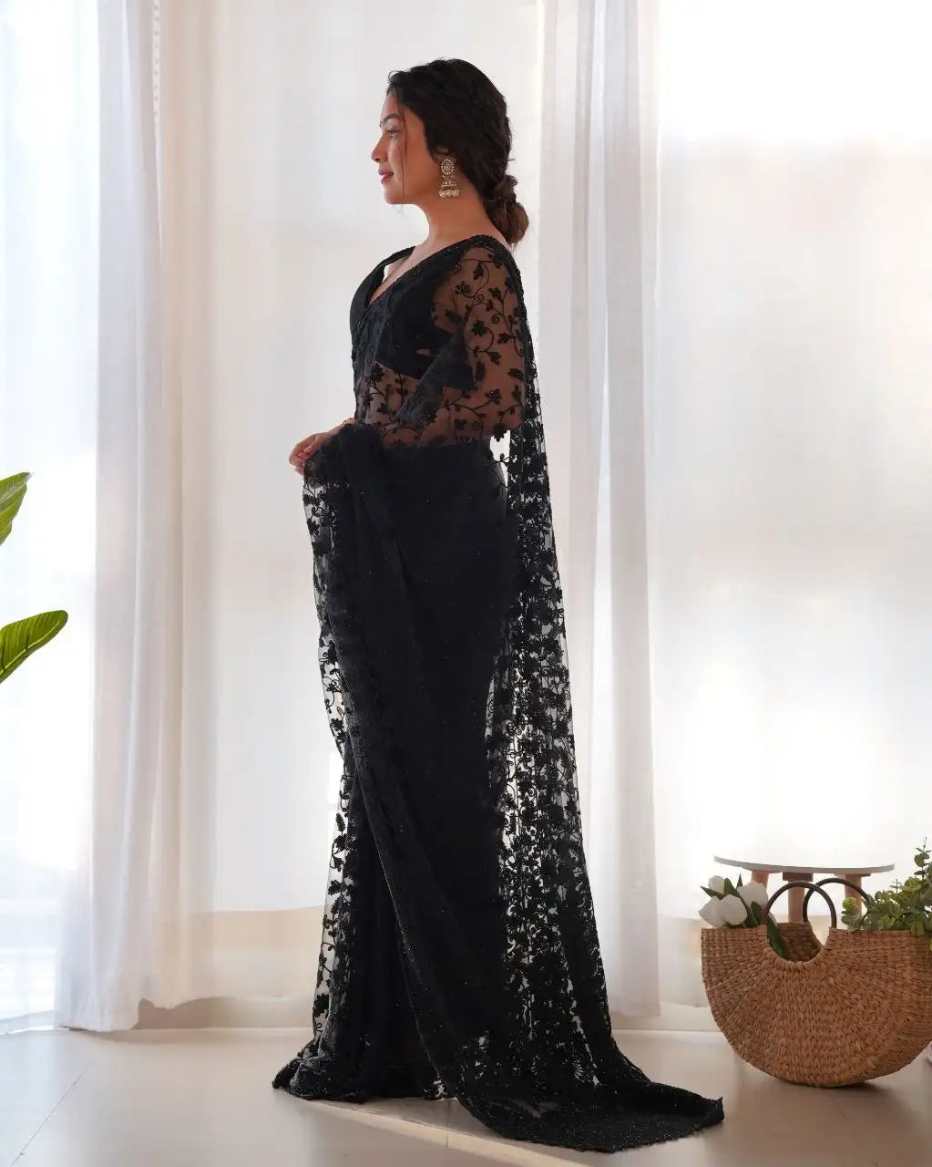 Black Saree stone work detail – KS379