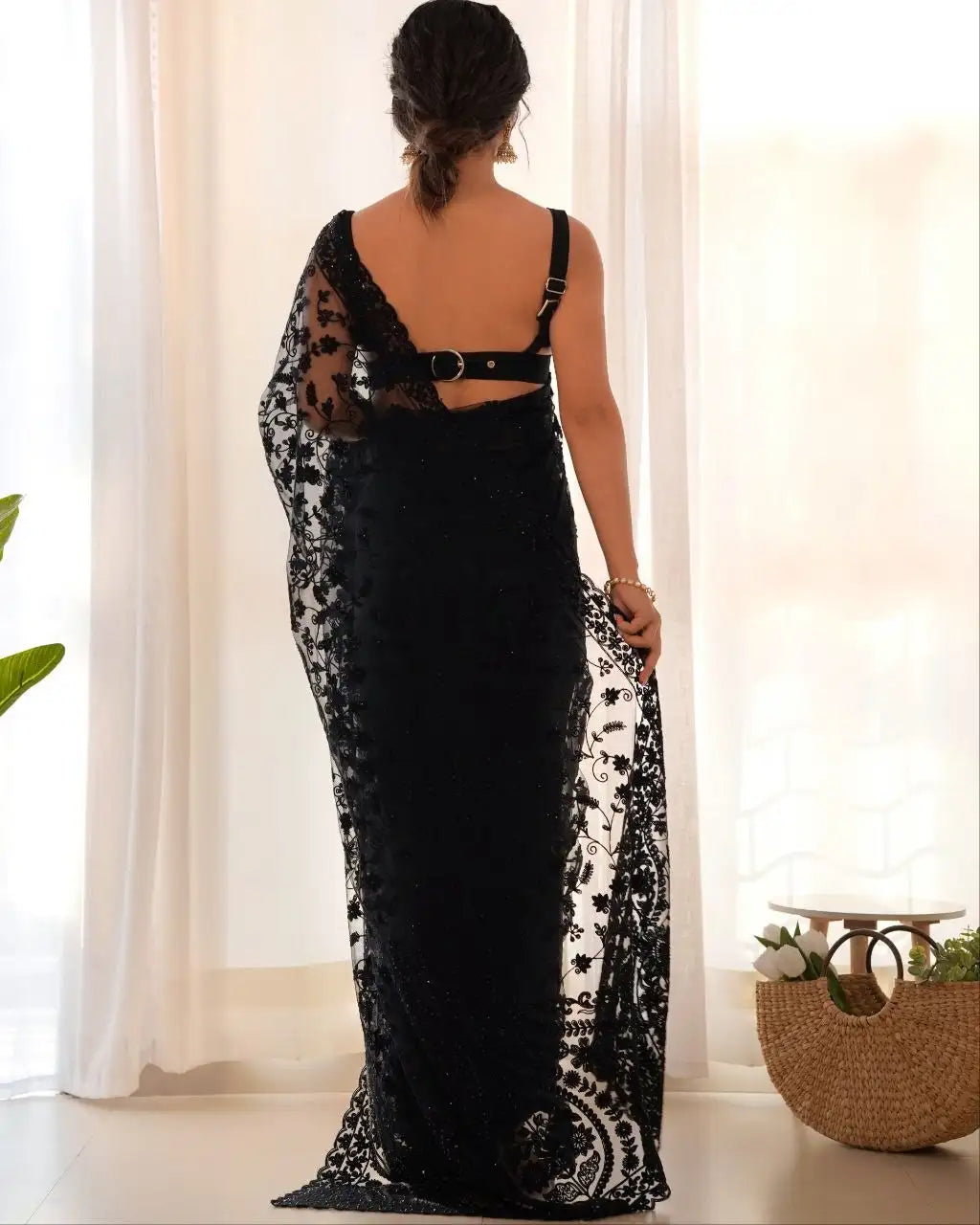 Black Thread Embroidered Saree draping – KS379