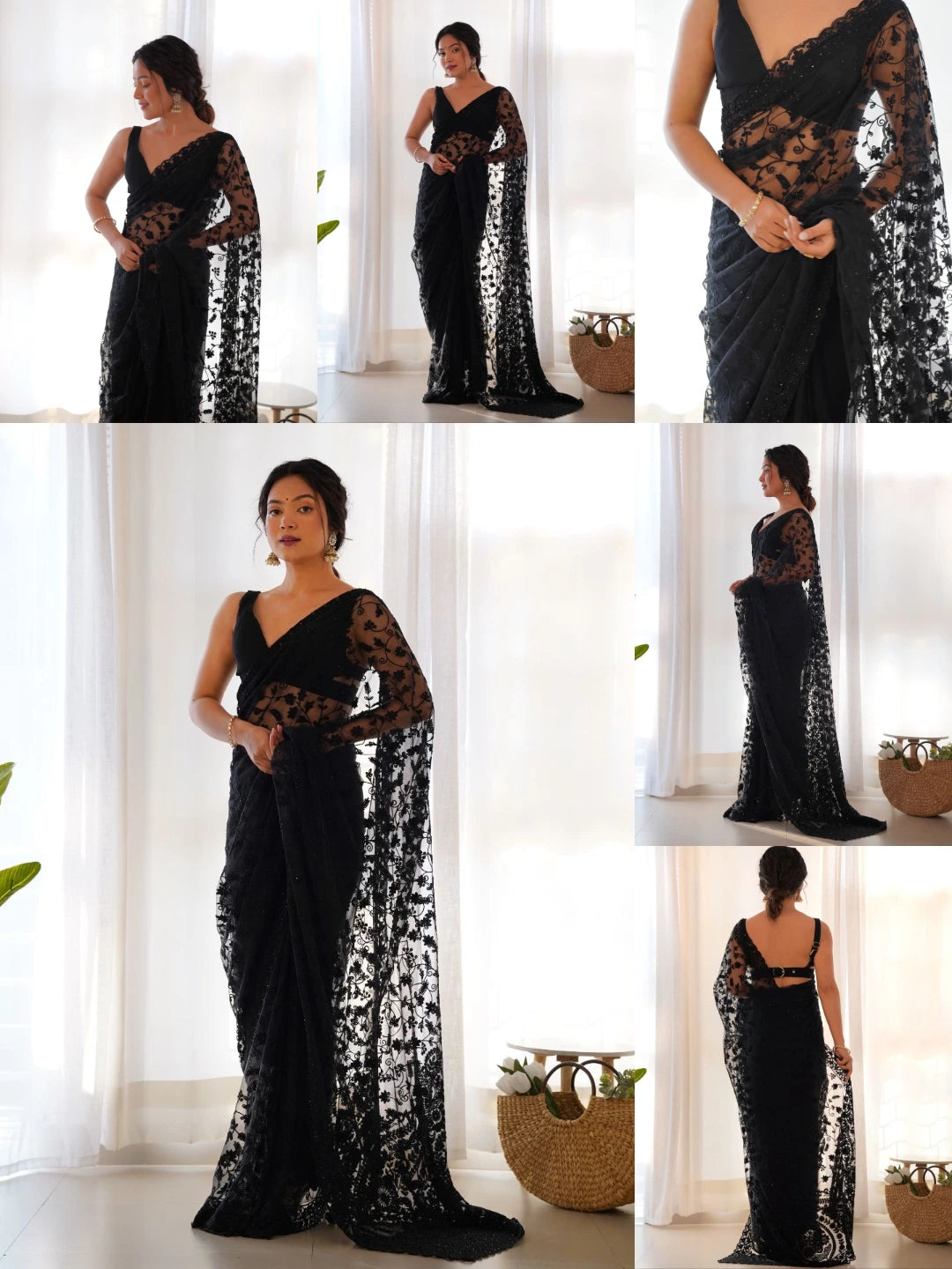 Black Embroidered Saree collage – KS379 Kalyanja