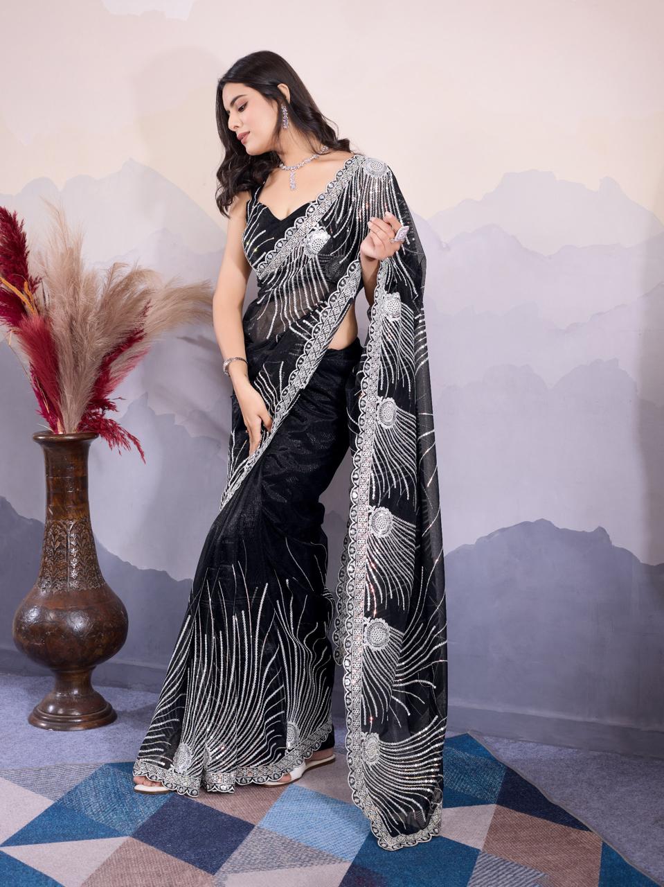 Black Embroidery With Sequins Work Twill Net Saree