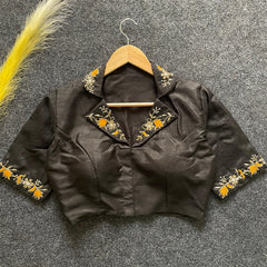 Black embroidery work Banglori silk blouse with elegant design, perfect for reception, sangeet, and festive occasions.