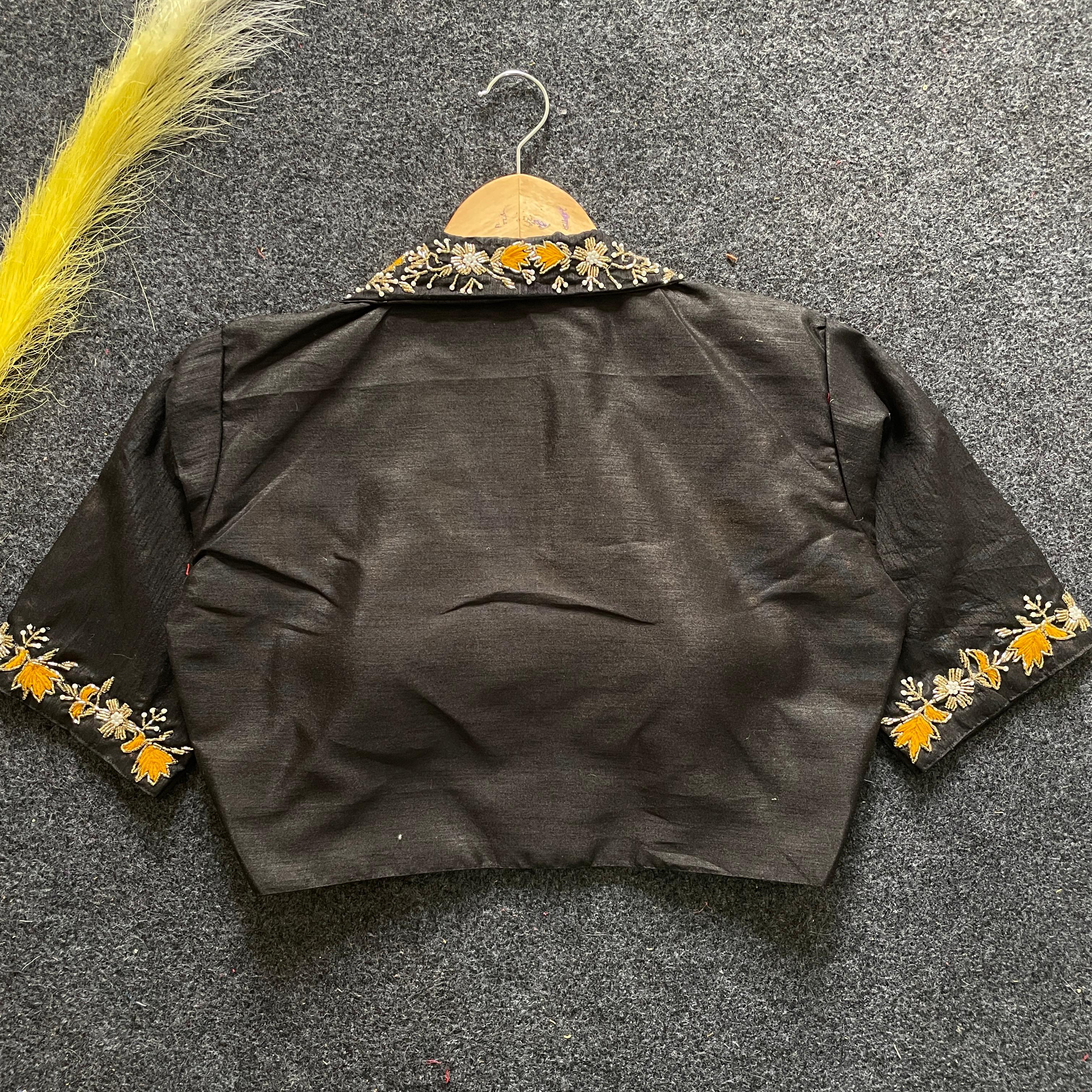 Black embroidery work Banglori silk blouse with elegant design, perfect for reception, sangeet, and festive occasions.
