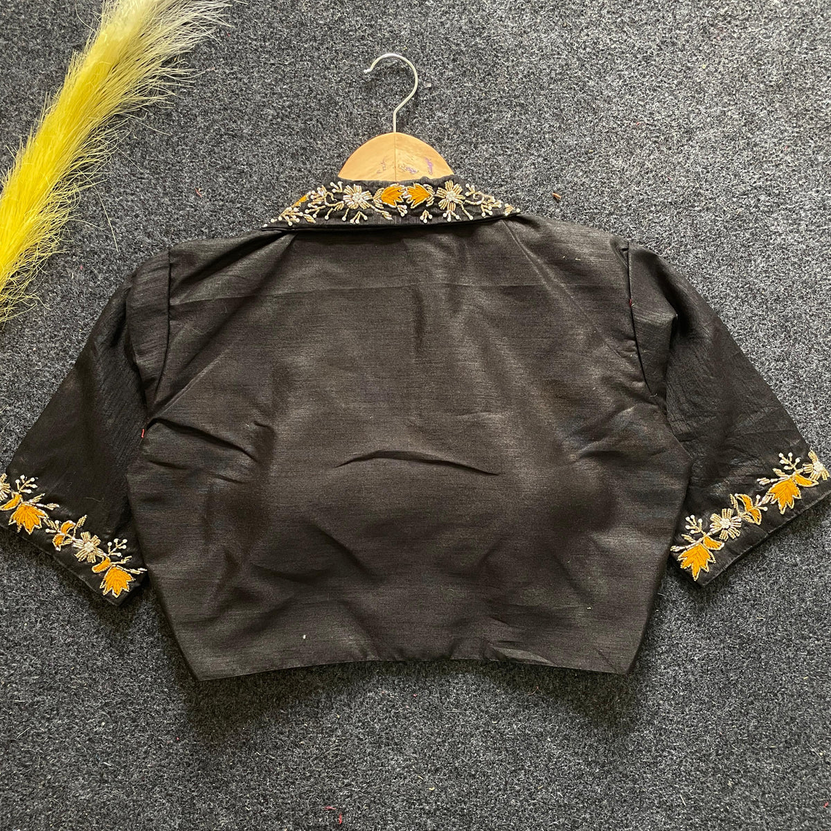 Black embroidery work Banglori silk blouse with elegant design, perfect for reception, sangeet, and festive occasions.