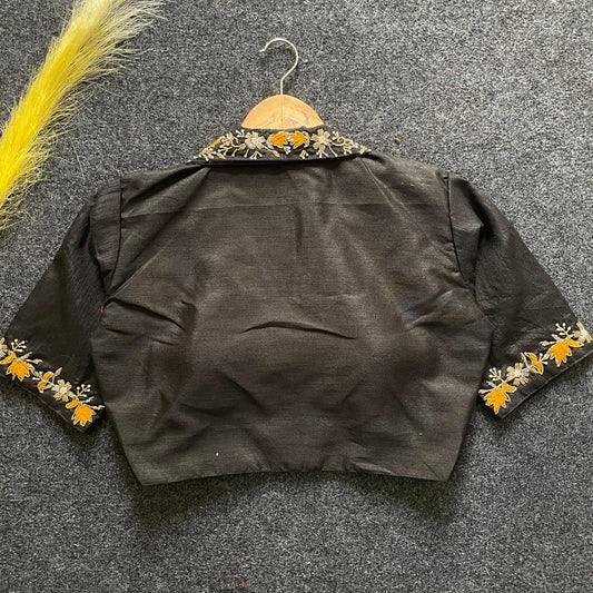 Black embroidery work Banglori silk blouse with elegant design, perfect for reception, sangeet, and festive occasions.